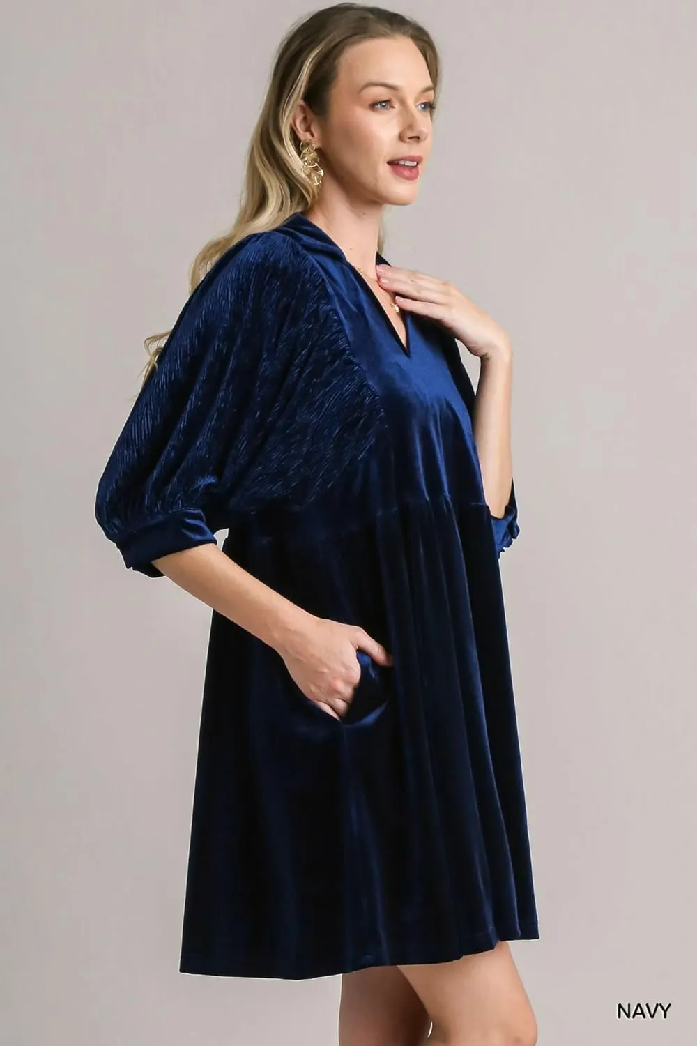 Umgee - Velvet 3/4 Sleeves Collar Dress - Elegant Women’s Attire for Winter Gatherings, Wedding Guest, Cocktail Formal Events