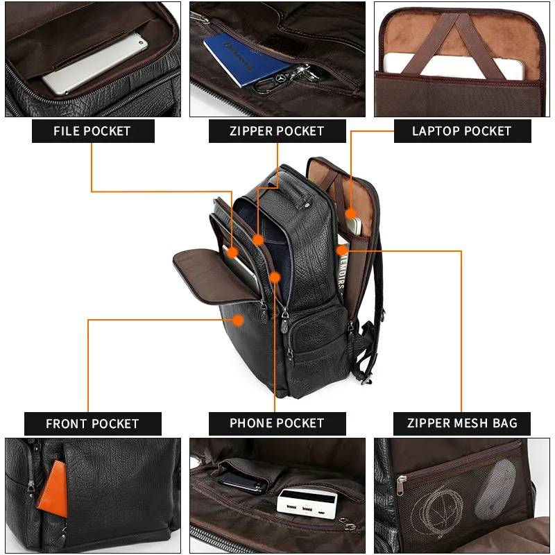 Unisex Stylish Black Leather Backpack with Smart Storage