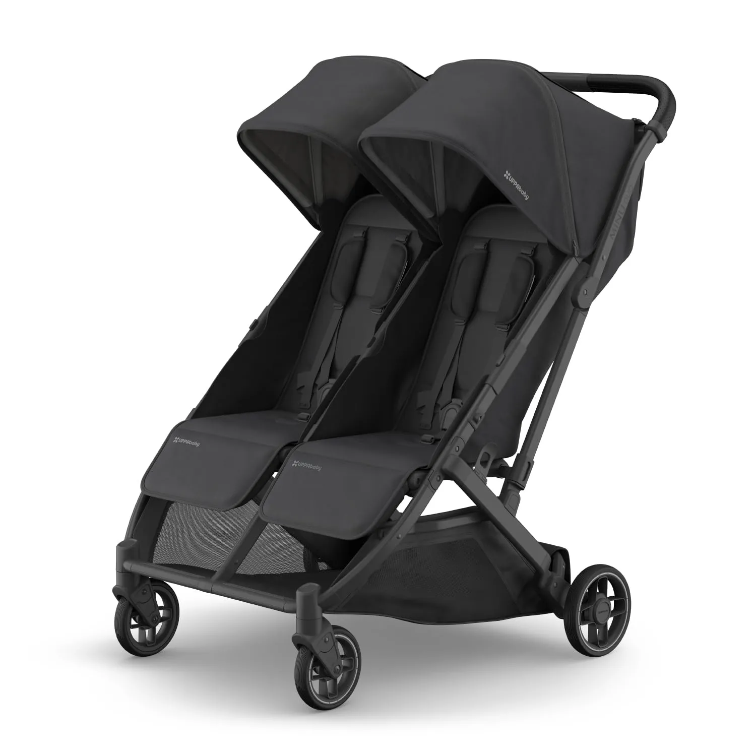 UPPAbaby Minu Duo Side-by-Side Double Stroller - Lightweight   Compact Design for Travel - Easy Fold- from Birth to Toddler - Independent Recline - Jake (Charcoal/Carbon Frame/Black Leather)