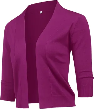 URRU Women's Classic 3/4 Sleeve Open Front Cropped Cardigan Sweater Lightweight Knit Short Shrugs