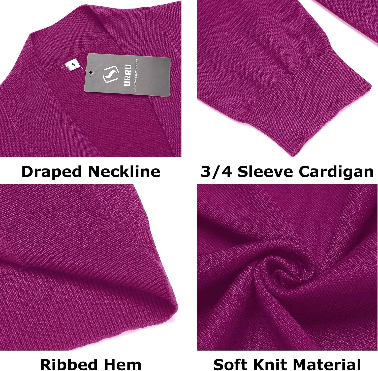 URRU Women's Classic 3/4 Sleeve Open Front Cropped Cardigan Sweater Lightweight Knit Short Shrugs