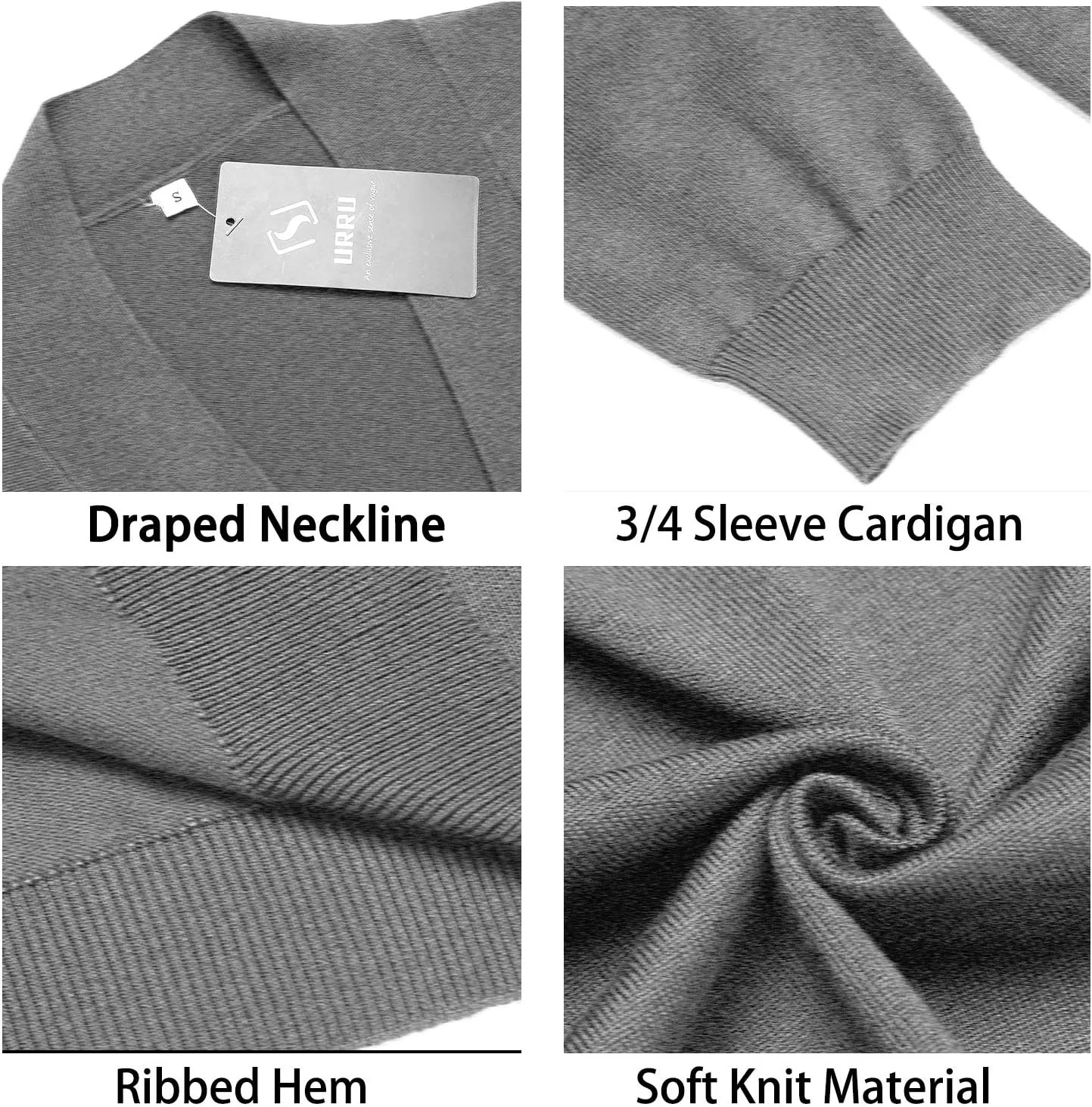 URRU Women's Classic 3/4 Sleeve Open Front Cropped Cardigan Sweater Lightweight Knit Short Shrugs
