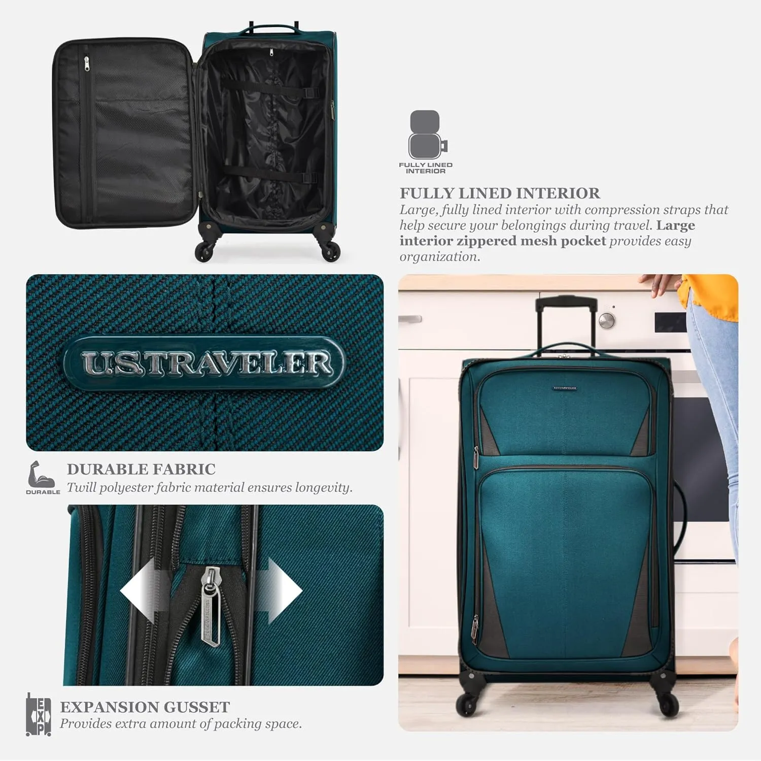 U.S. Traveler Aviron Bay Expandable Softside Luggage with Spinner Wheels, Teal, Carry-on 22-Inch