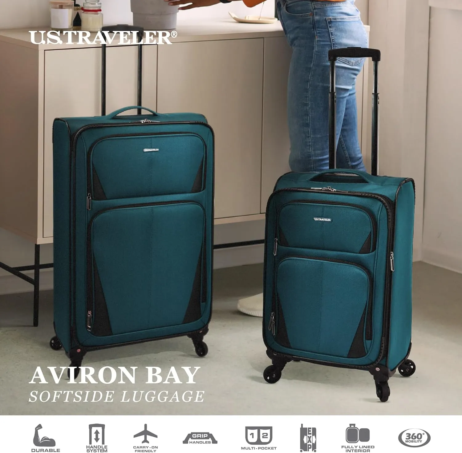 U.S. Traveler Aviron Bay Expandable Softside Spinner Wheels, Black, 3 Piece Luggage