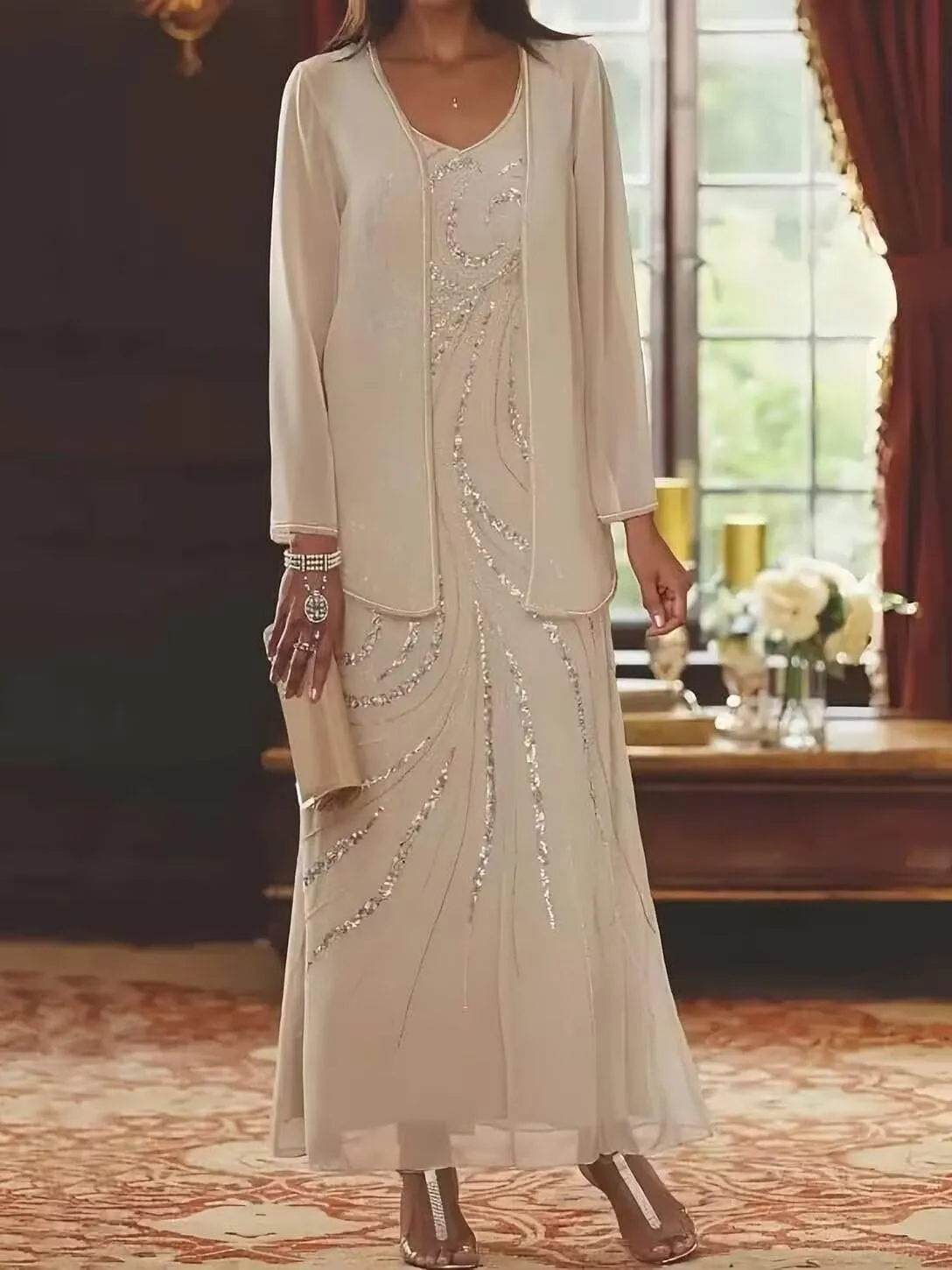 UZN 2 Pieces Chiffon Mother of The Bride Dresses 2025 with Jacket Sequin Chiffon Long Sleeve Formal Gowns
