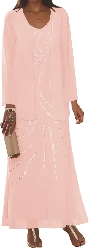 UZN 2 Pieces Chiffon Mother of The Bride Dresses 2025 with Jacket Sequin Chiffon Long Sleeve Formal Gowns