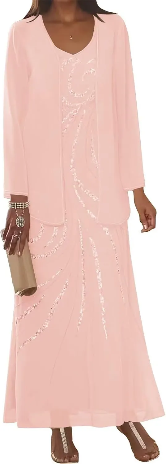 UZN 2 Pieces Chiffon Mother of The Bride Dresses 2025 with Jacket Sequin Chiffon Long Sleeve Formal Gowns
