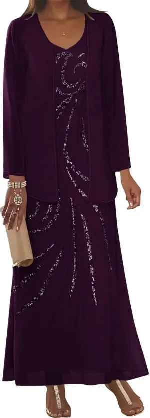 UZN 2 Pieces Chiffon Mother of The Bride Dresses 2025 with Jacket Sequin Chiffon Long Sleeve Formal Gowns