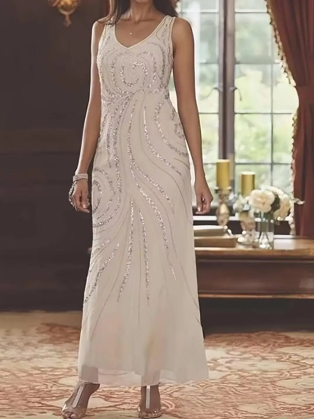 UZN 2 Pieces Chiffon Mother of The Bride Dresses 2025 with Jacket Sequin Chiffon Long Sleeve Formal Gowns