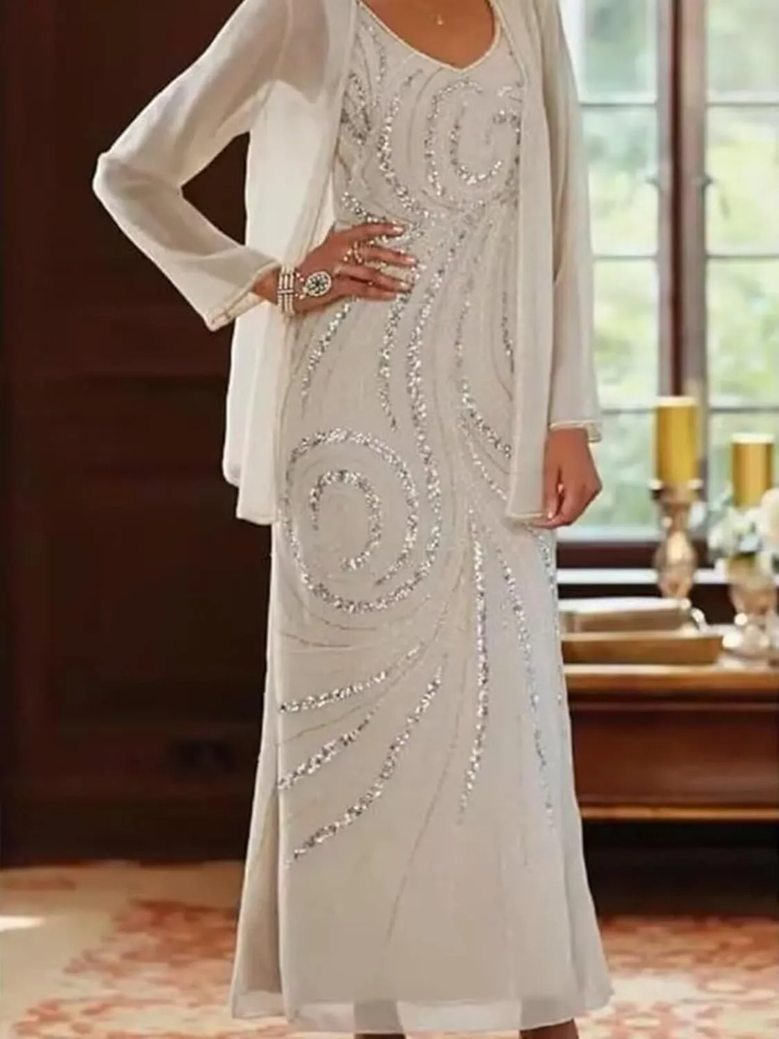 UZN 2 Pieces Chiffon Mother of The Bride Dresses 2025 with Jacket Sequin Chiffon Long Sleeve Formal Gowns
