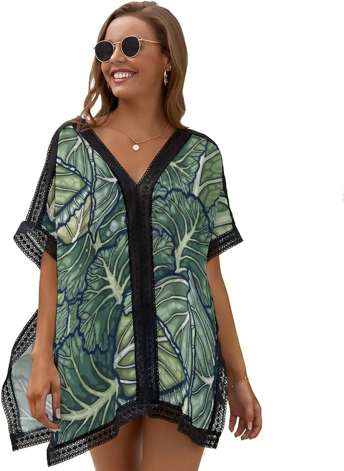 Vegetable Cabbage Womens Beach Swim Cover Up V Neck Swimsuit Coverup Lace Trim Poncho Beachwear Tops