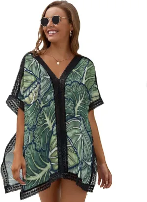 Vegetable Cabbage Womens Beach Swim Cover Up V Neck Swimsuit Coverup Lace Trim Poncho Beachwear Tops
