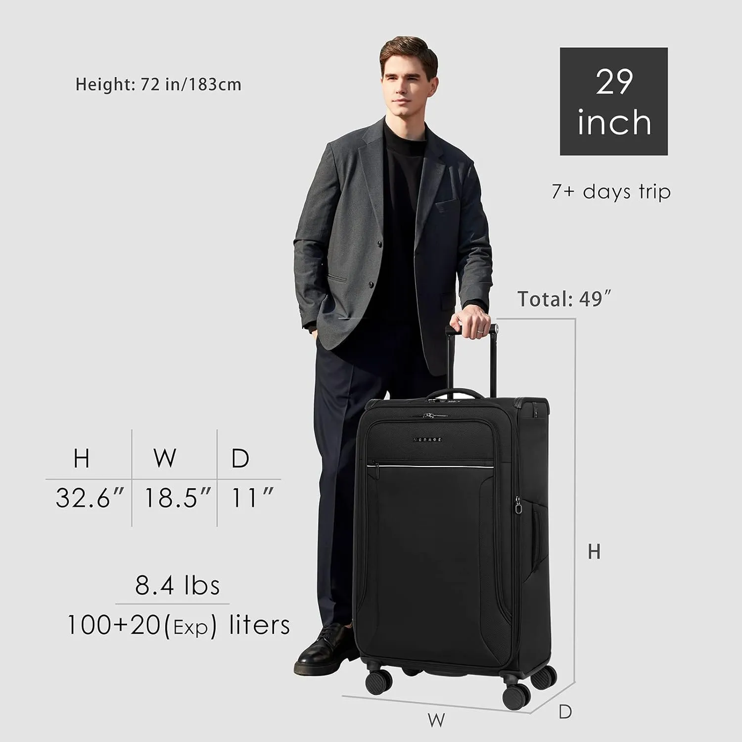 Verage Toledo Softside Expandable Luggage with Spinner Wheels, Lightweight Suitcase with Flashlight, Men and Women,Black, Checked-Large 29-Inch