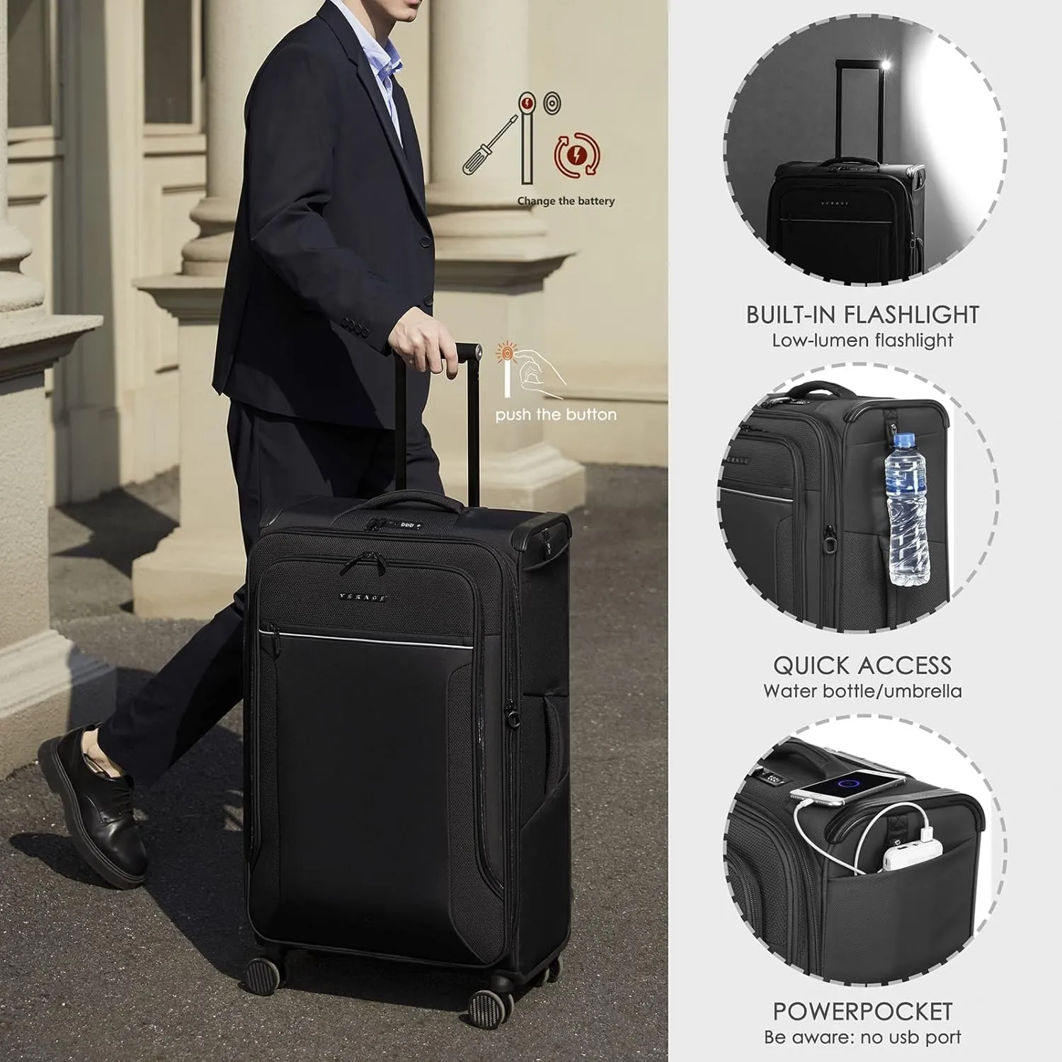 Verage Toledo Softside Expandable Luggage with Spinner Wheels, Lightweight Suitcase with Flashlight, Men and Women,Black, Checked-Large 29-Inch