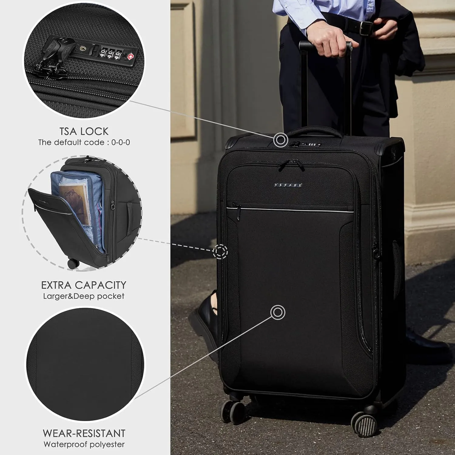 Verage Toledo Softside Expandable Luggage with Spinner Wheels, Lightweight Suitcase with Flashlight, Men and Women,Black, Checked-Large 29-Inch