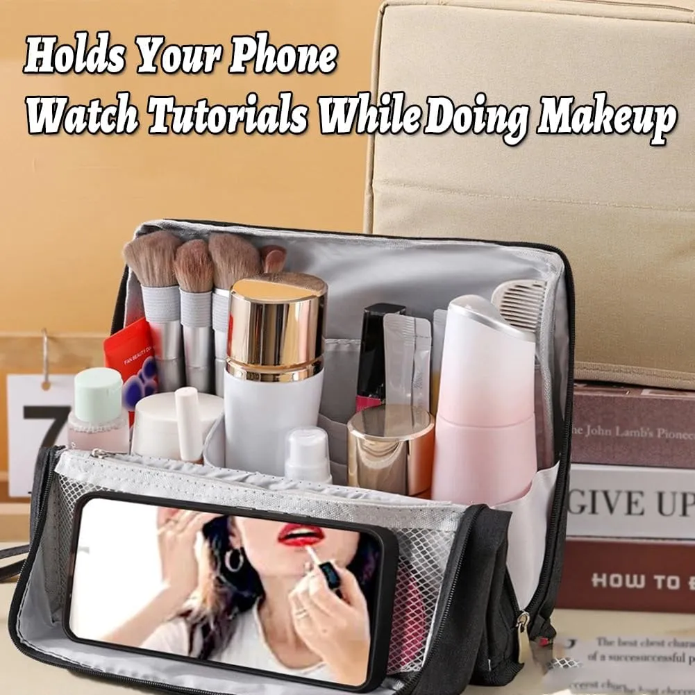 Vertical Makeup Organizer Bag, Relevanton Standing Makeup Bag Portable, Large Capacity, Doresty Standing Makeup Bag Smart Partitioning, Multi-Purpose Oxford Cloth (Gray)