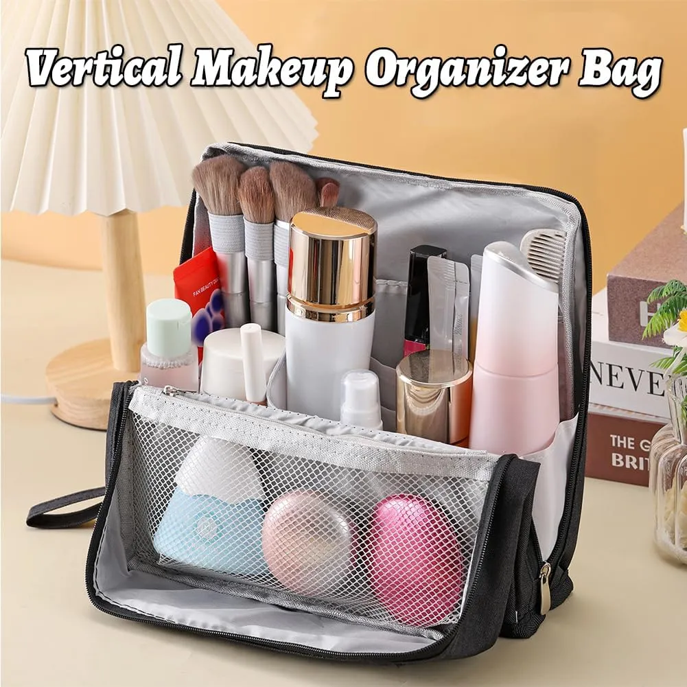 Vertical Makeup Organizer Bag, Relevanton Standing Makeup Bag Portable, Large Capacity, Doresty Standing Makeup Bag Smart Partitioning, Multi-Purpose Oxford Cloth (Gray)