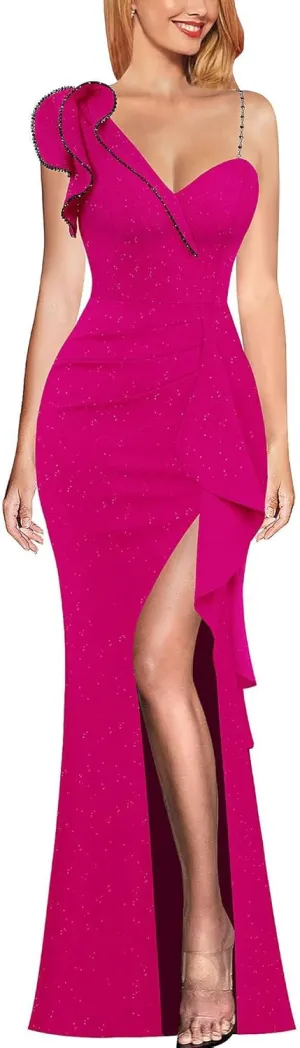 VFSHOW Womens Formal Prom Elegant Ruffle One Shoulder Beaded Strap Ruched Slit Maxi Dress Wedding Evening Long Gown