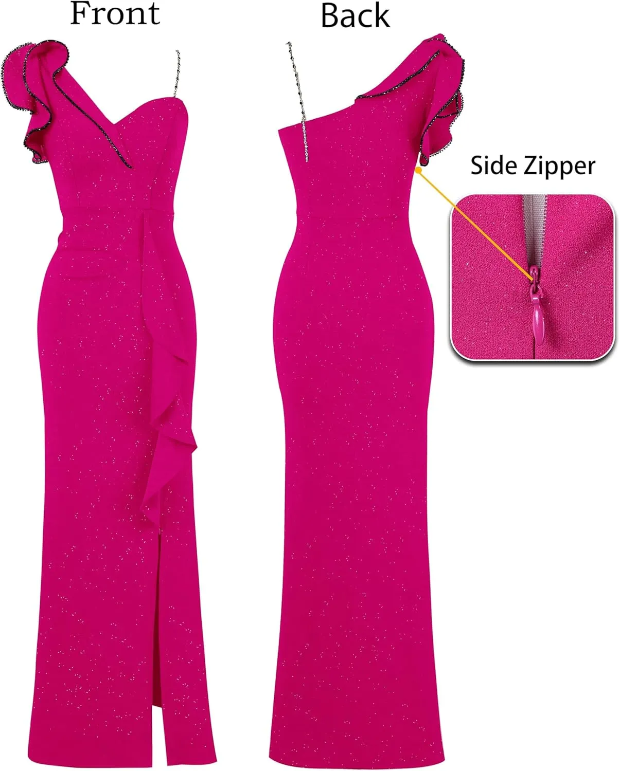 VFSHOW Womens Formal Prom Elegant Ruffle One Shoulder Beaded Strap Ruched Slit Maxi Dress Wedding Evening Long Gown