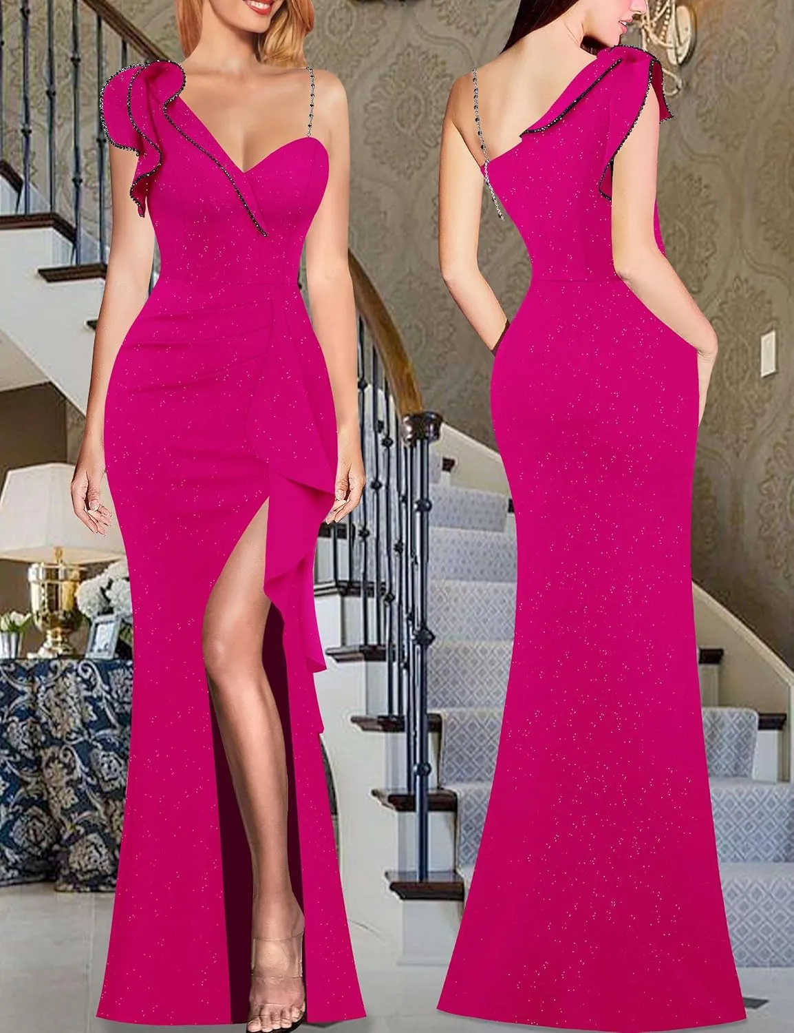 VFSHOW Womens Formal Prom Elegant Ruffle One Shoulder Beaded Strap Ruched Slit Maxi Dress Wedding Evening Long Gown
