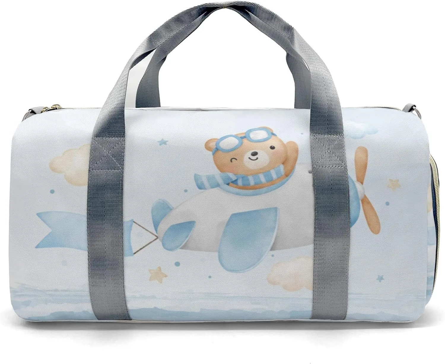 Watercolor Bear Blue Airplane Personalized Duffel Bag,Custom Travel Gym Bag with Name,Waterproof Sports Overnight Bag with Shoe Compartment & Shoulder Strap