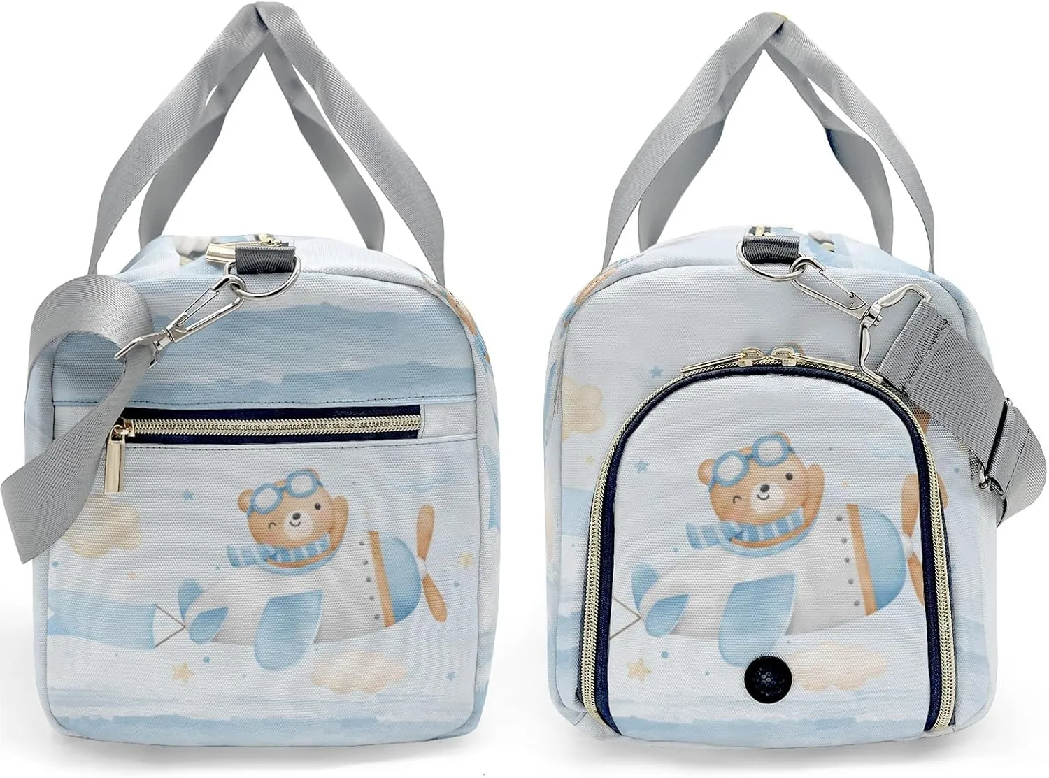 Watercolor Bear Blue Airplane Personalized Duffel Bag,Custom Travel Gym Bag with Name,Waterproof Sports Overnight Bag with Shoe Compartment & Shoulder Strap