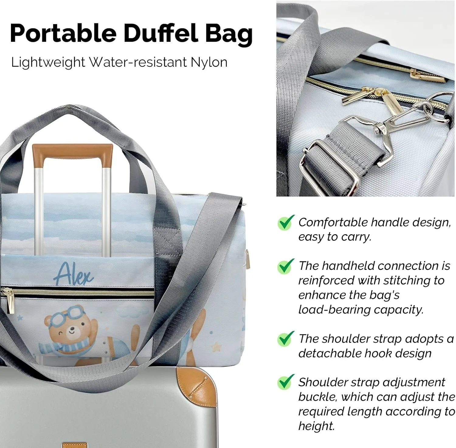 Watercolor Bear Blue Airplane Personalized Duffel Bag,Custom Travel Gym Bag with Name,Waterproof Sports Overnight Bag with Shoe Compartment & Shoulder Strap