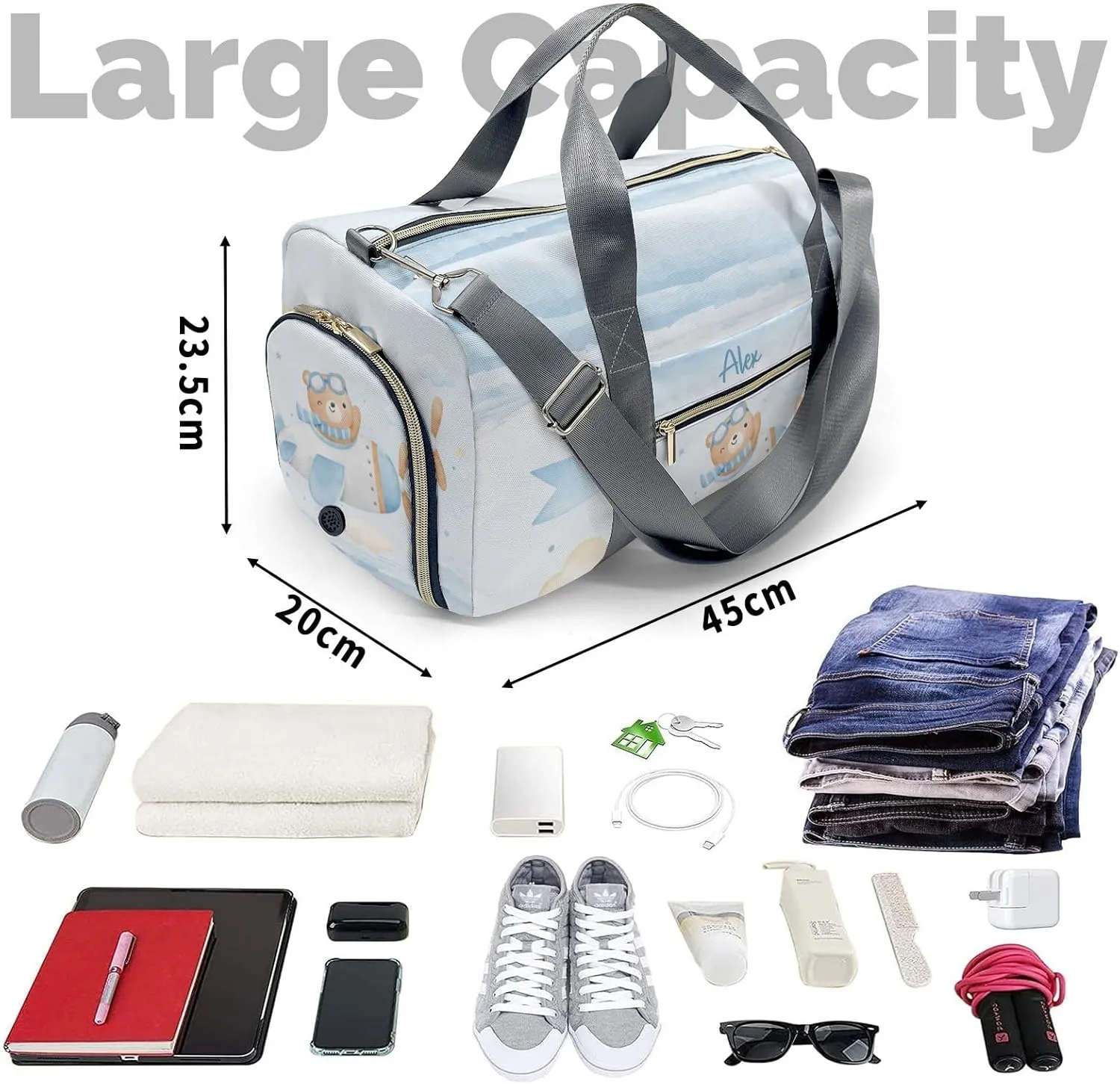 Watercolor Bear Blue Airplane Personalized Duffel Bag,Custom Travel Gym Bag with Name,Waterproof Sports Overnight Bag with Shoe Compartment & Shoulder Strap