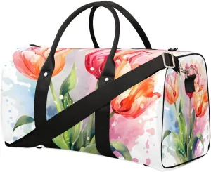 Watercolor Tulip Travel Duffel Bag for Women Men Waterproof Foldable Overnight Weekender Bag Large Capacity Sports Gym Bag