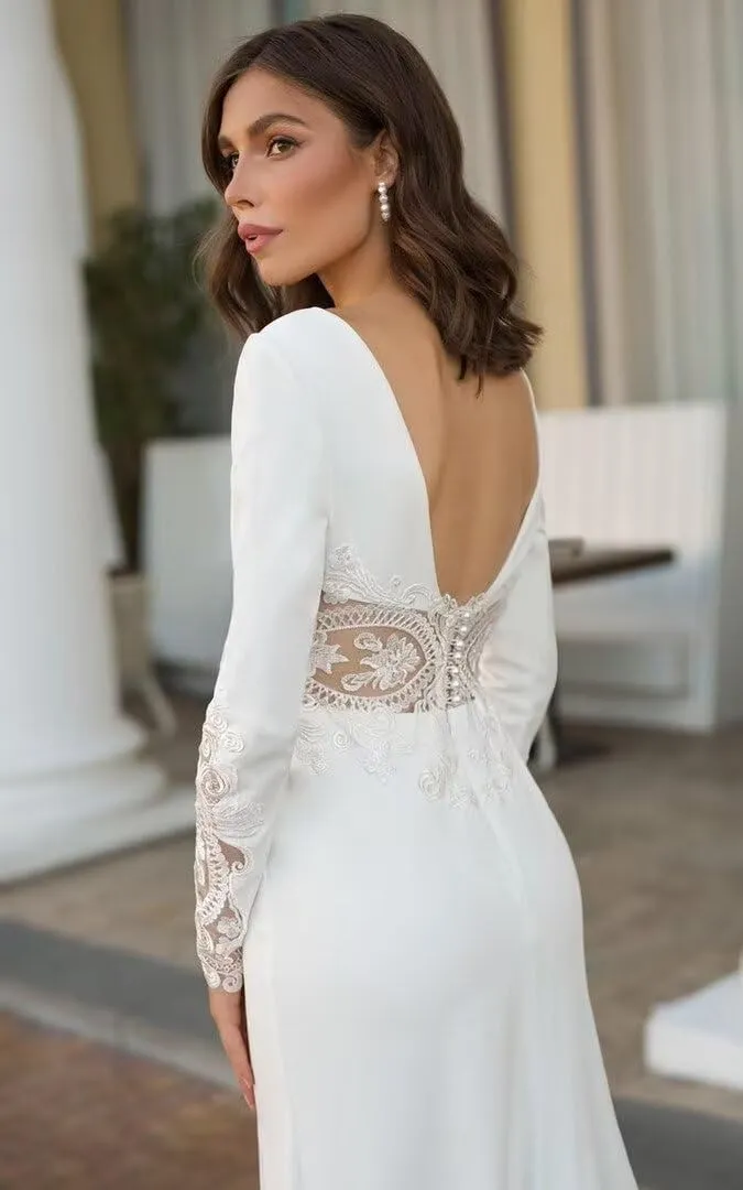 Wedding Dresses for Bride Long Sleeve Boat Neck Button Back Crepe Satin Wedding Gown