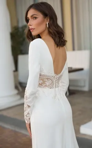 Wedding Dresses for Bride Long Sleeve Boat Neck Button Back Crepe Satin Wedding Gown