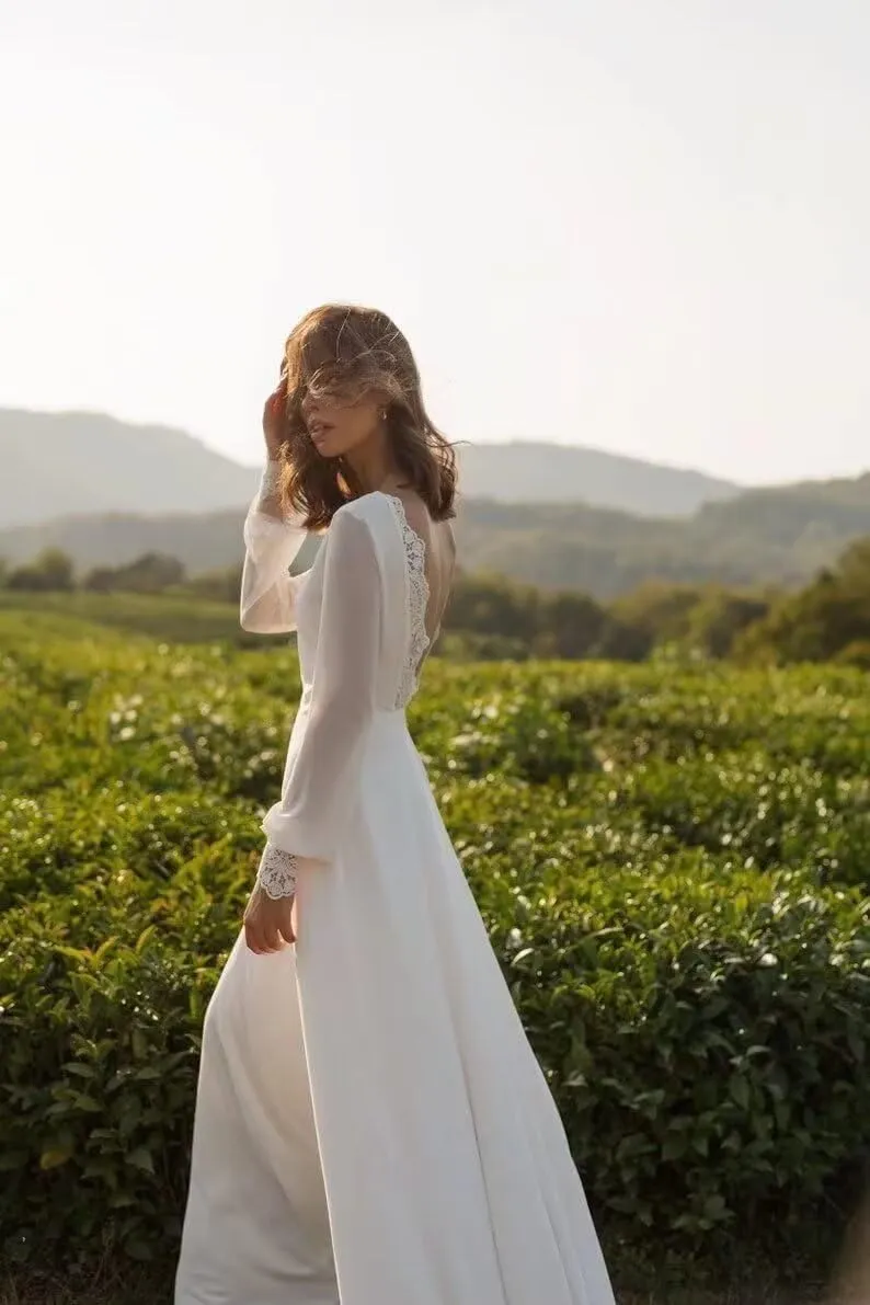 Wedding Dresses for Bride Long Sleeve Boat Neck Button Back Crepe Satin Wedding Gown