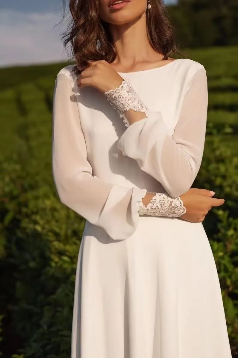 Wedding Dresses for Bride Long Sleeve Boat Neck Button Back Crepe Satin Wedding Gown