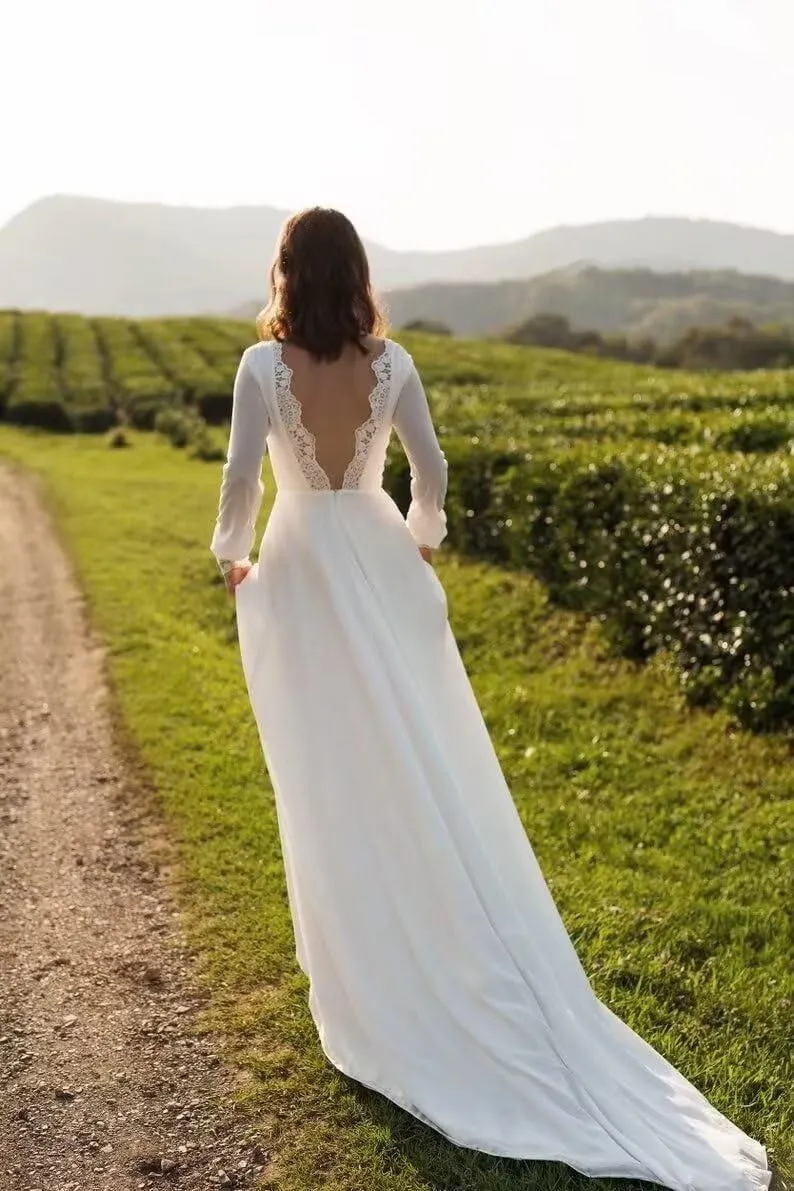 Wedding Dresses for Bride Long Sleeve Boat Neck Button Back Crepe Satin Wedding Gown