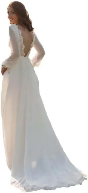 Wedding Dresses for Bride Long Sleeve Boat Neck Button Back Crepe Satin Wedding Gown
