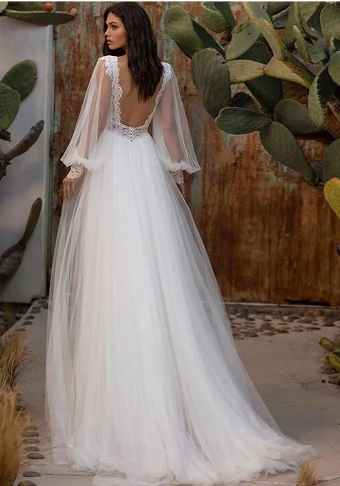 Wedding Dresses for Bride Long Sleeve Boat Neck Button Back Crepe Satin Wedding Gown