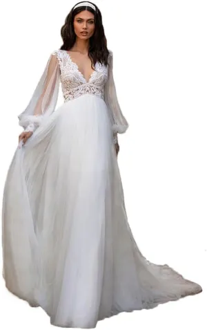 Wedding Dresses for Bride Long Sleeve Boat Neck Button Back Crepe Satin Wedding Gown
