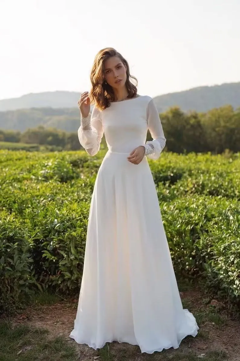 Wedding Dresses for Bride Long Sleeve Boat Neck Button Back Crepe Satin Wedding Gown