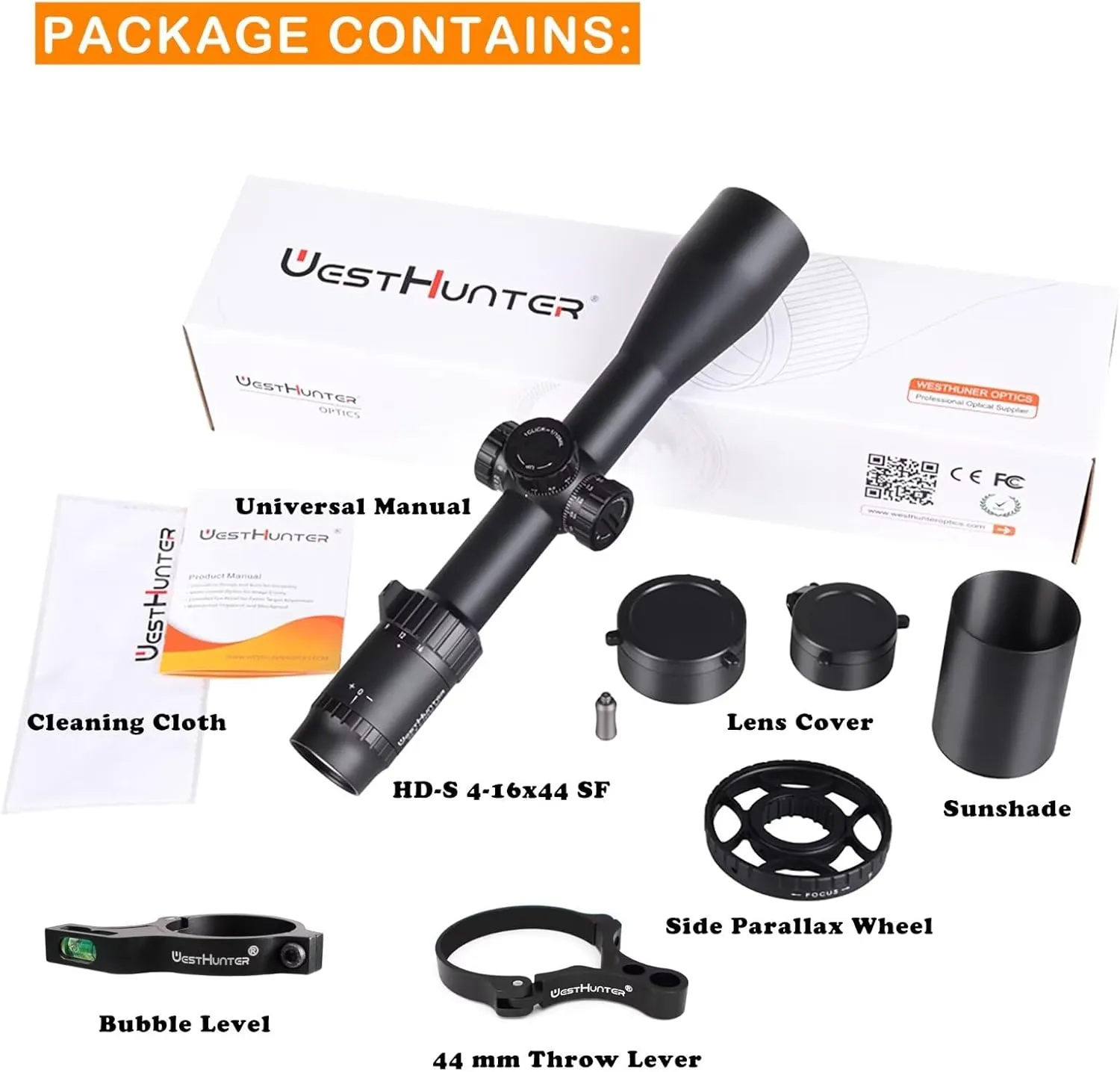 WestHunter Optics HD-S 4-16x44 SF Riflescopes, 30mm Tube Second Focal Plane Tactical Precision 1/10 MIL Shooting Scope
