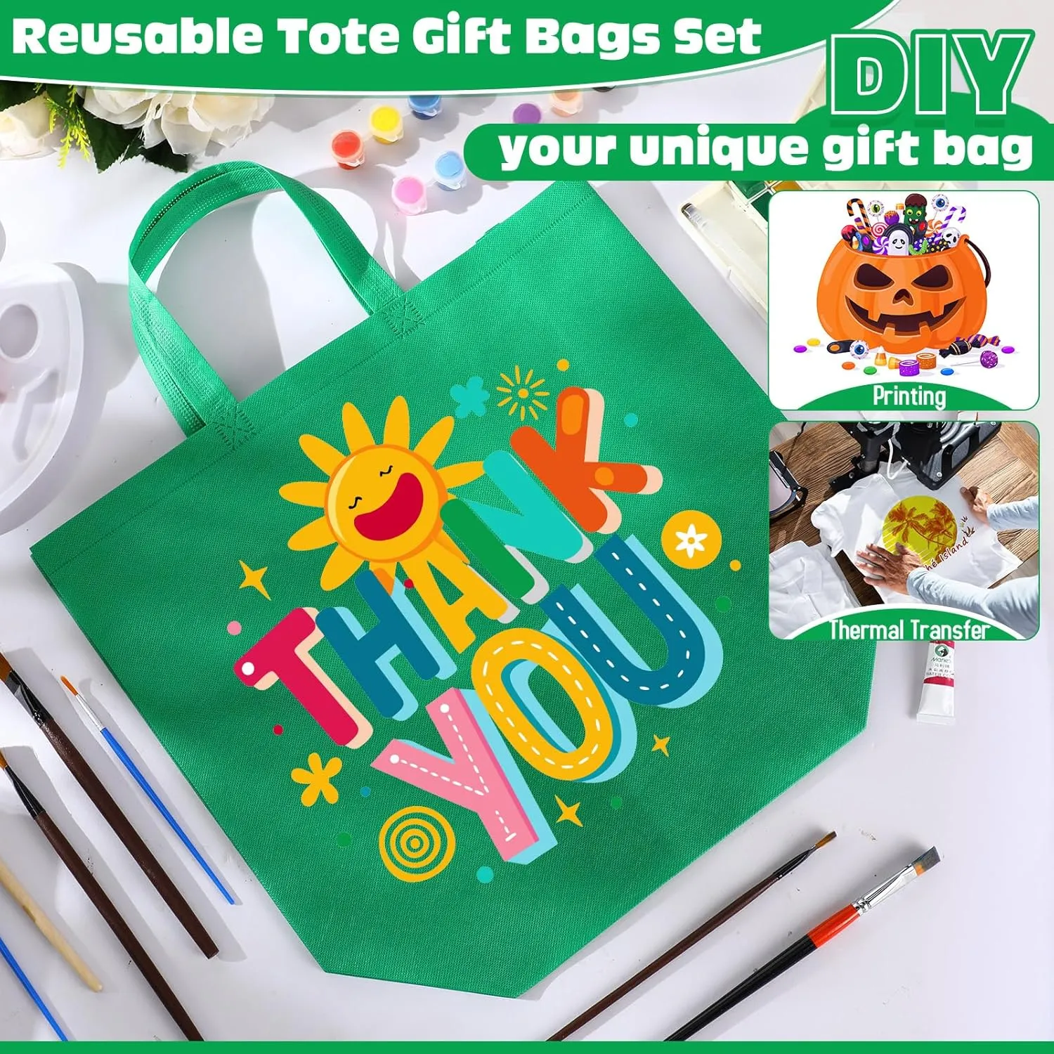 Windyun 200 Pcs Reusable Grocery Bags Large Non Woven Shopping Bags Foldable Portable Tote Carryall Bulk (Green,16x6x12 Inch)