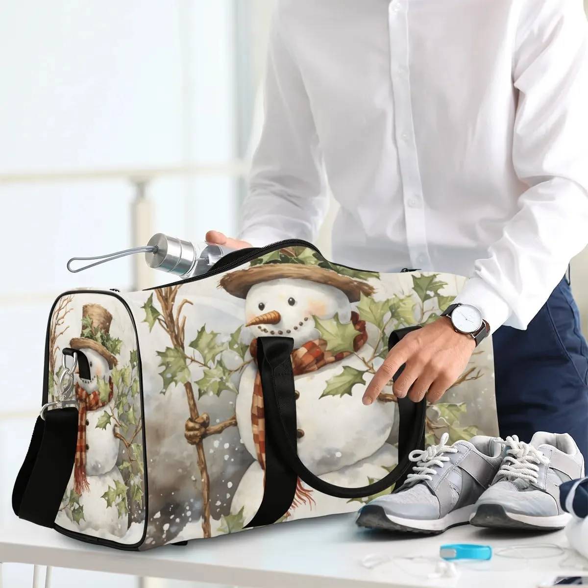 Winter Snow Snowman Travel Duffel Bag for Women Men Waterproof Foldable Overnight Weekender Bag Large Capacity Sports Gym Bag