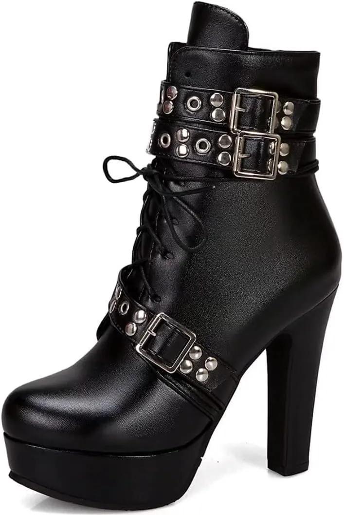 Women Ankle Boots Platform Lace Up High Heel Short Boot Female Buckle Autumn Winter Shoes Unisex Large Size