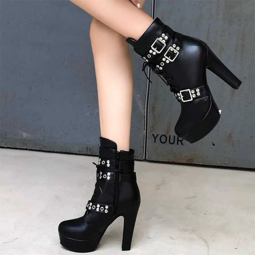 Women Ankle Boots Platform Lace Up High Heel Short Boot Female Buckle Autumn Winter Shoes Unisex Large Size