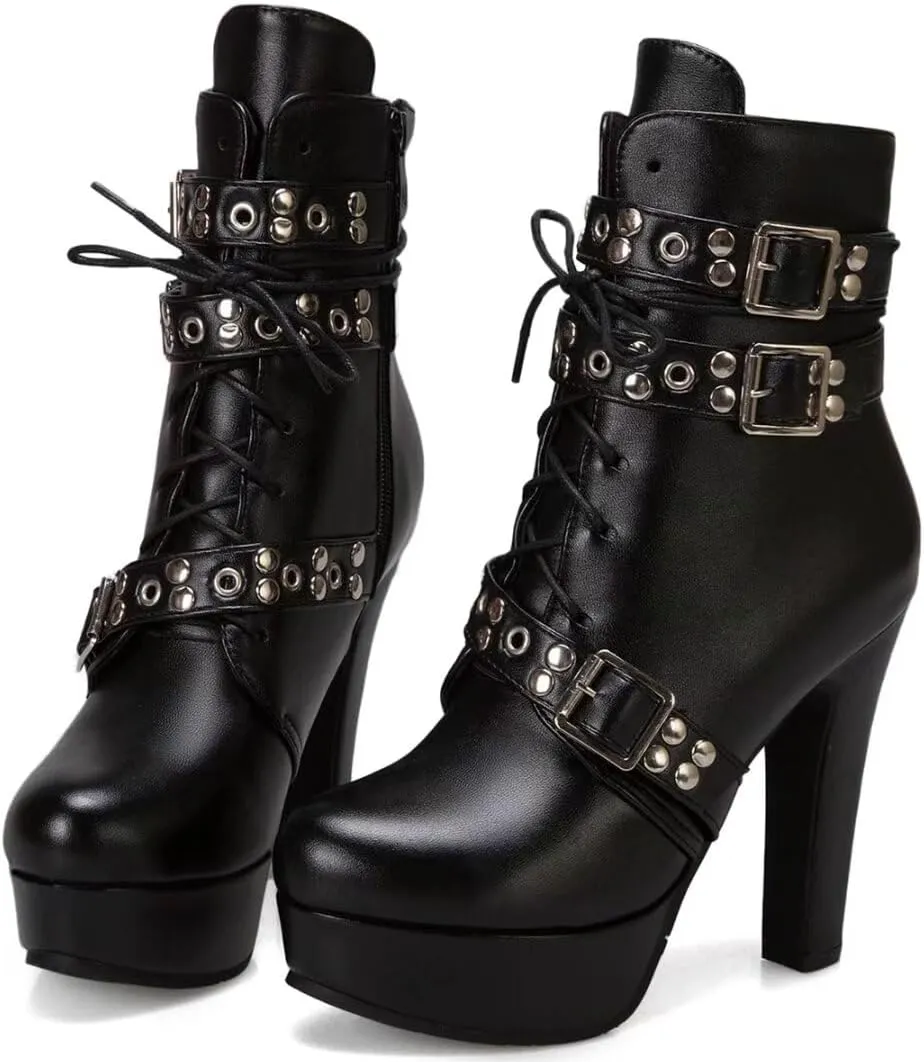 Women Ankle Boots Platform Lace Up High Heel Short Boot Female Buckle Autumn Winter Shoes Unisex Large Size