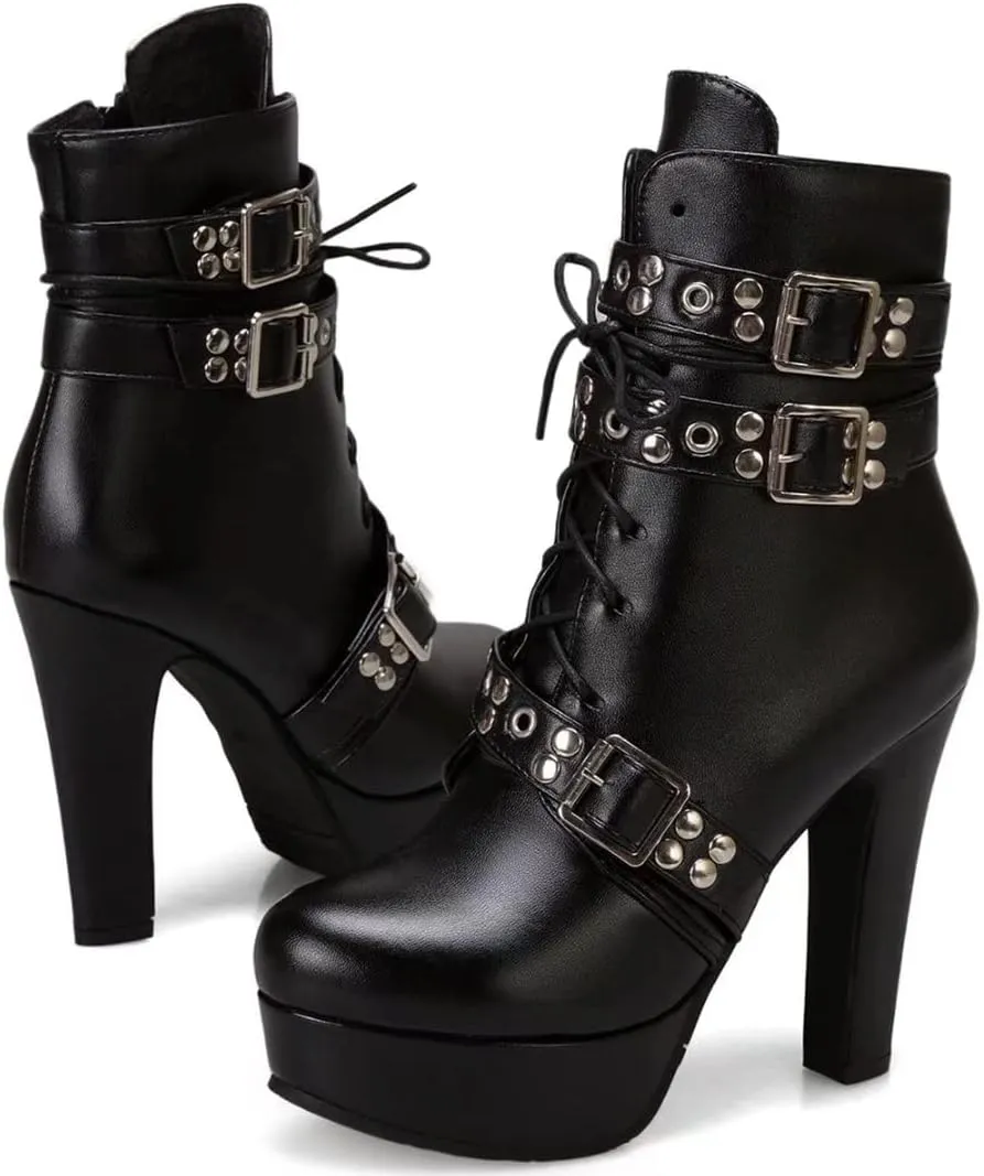 Women Ankle Boots Platform Lace Up High Heel Short Boot Female Buckle Autumn Winter Shoes Unisex Large Size