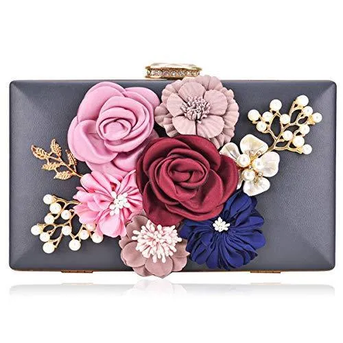 Women Flower Evening Bag Prom Cocktail Clutch with Pearl Beaded