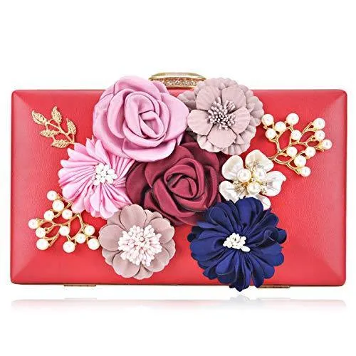 Women Flower Evening Bag Prom Cocktail Clutch with Pearl Beaded