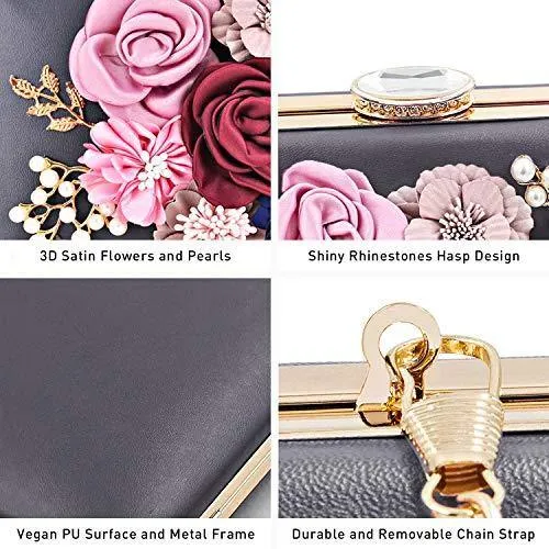 Women Flower Evening Bag Prom Cocktail Clutch with Pearl Beaded