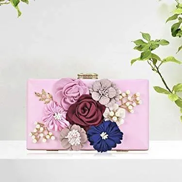 Women Flower Evening Bag Prom Cocktail Clutch with Pearl Beaded