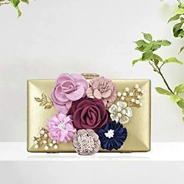 Women Flower Evening Bag Prom Cocktail Clutch with Pearl Beaded